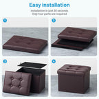 Bsketa Storage Ottoman Bench, 16" Folding Leather Foot Rest, Brown 2 Pack | Small Ottoman with Side Pockets, Thicker Foam Padded Seat, Livingroom, Dorm, Bedroom, Easy to install, 38L, 16x12x12in