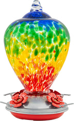 Hummingbird Feeders, 34OZ Hand Blown Glass Hummingbird Feeder for Outdoors Hanging with Ant MoatHooks, Perfect for Gardening Yard Patio Decor Gifts (Rainbow)