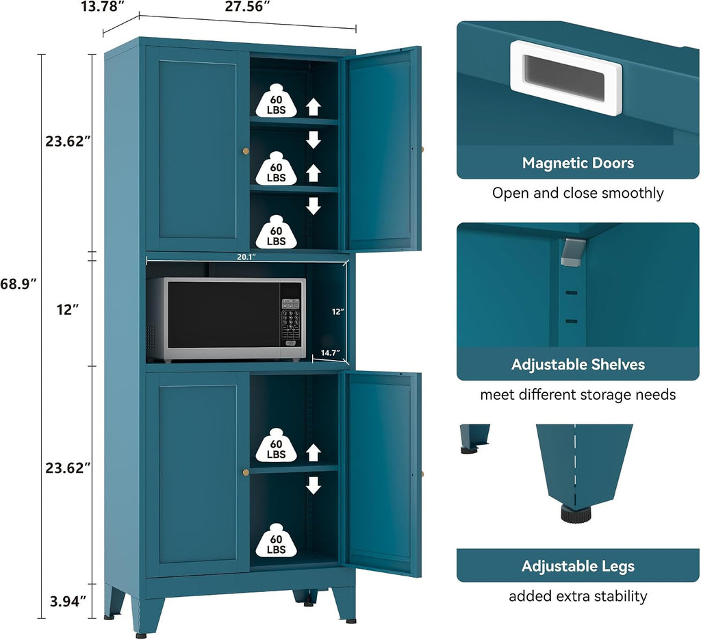 YAUWOH 69" Tall Metal Pantry Cabinet with Microwave Shelf, 4 Doors & 3 Adjustable Shelves, 120LBS Per Shelf Heavy Duty Storage Cabinet with Anti-Tip Design for Kitchen,Dining Room (1PC,Blue)