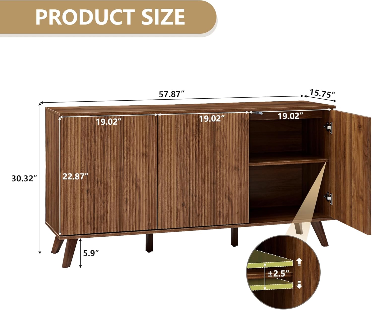 XUZENEST Fluted Sideboard Buffet Cabinet with Storage, Modern Storage Cabinet with 3 Doors, Wood Credenza Buffet Sideboards, Console Table for Kitchen Dining Living Room Entryway (Walnut)
