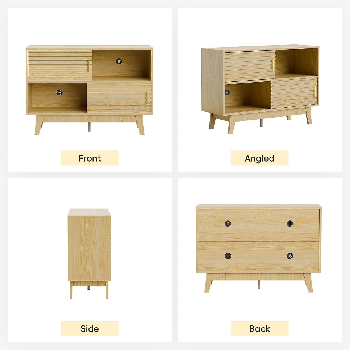 Fluted Buffet Sideboard Oak, Modern Storage Cabinet w/Cord Cutout, Accent Cabinet with Solid Wood Legs, Console Table w/Sliding Doors Open Shelves, Credenza for Living Room, Hallway, Entryway
