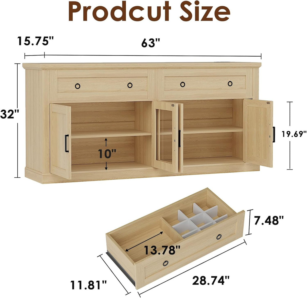 63'' Sideboard Buffet Cabinet with Storage, Modern Storage Cabinet with Outlets & LED Light, 2 Drawers and 4 Doors, Adjustable Shelves, Coffee Bar Cabinets for Kitchen Living Room, Wood