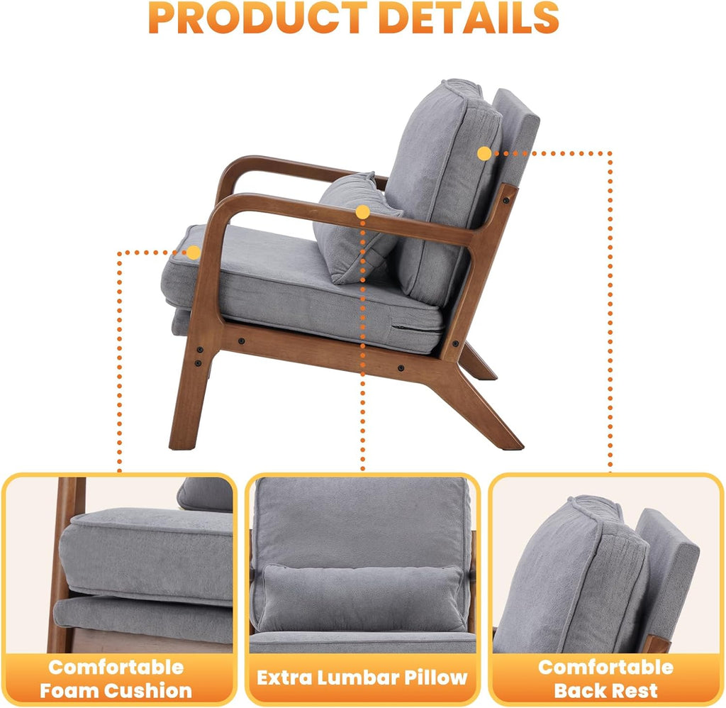 DUMOS Mid Century Modern Chairs Set of 2, Accent Chair with Arms and Waist Cushion, Reading Chairs for Adults, Lounge Chair for Living Room and Bedroom, Solid Wooden Frame, Light Grey