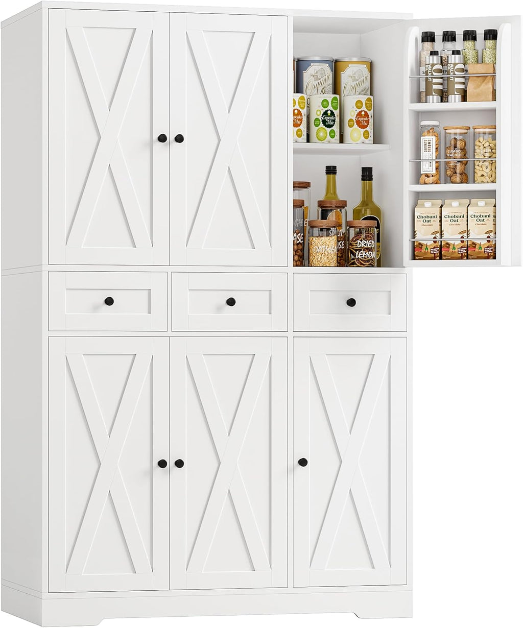HOSTACK Modern Farmhouse Kitchen Pantry Storage Cabinet, 67" H Kitchen Pantry Cabinet with Barn Doors and Shelves, Freestanding Food Storage Cabinets with Drawers for Dining Room, Living Room, White