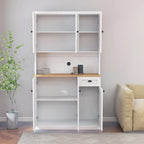 71" Kitchen Pantry Storage Cabinet with Microwave Shelf, Modern Freestanding Hutch with Adjustable Shelves, 6 Doors and Drawer, Wood Countertop for Kitchen, Dining Room, White