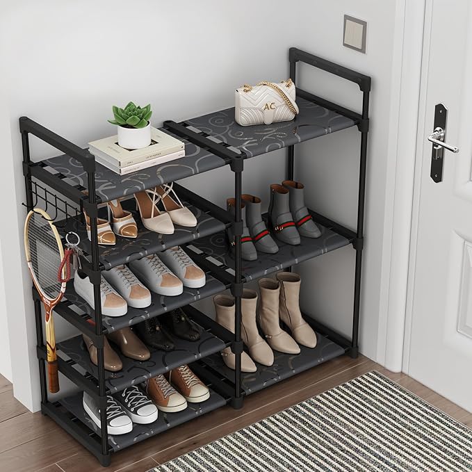 Black Tubes Closet Shoe Rack, 5 Tier Oxford Fabric Shelf, Easy Assembly, Sturdy and Durable, Holds Up to 30 lbs