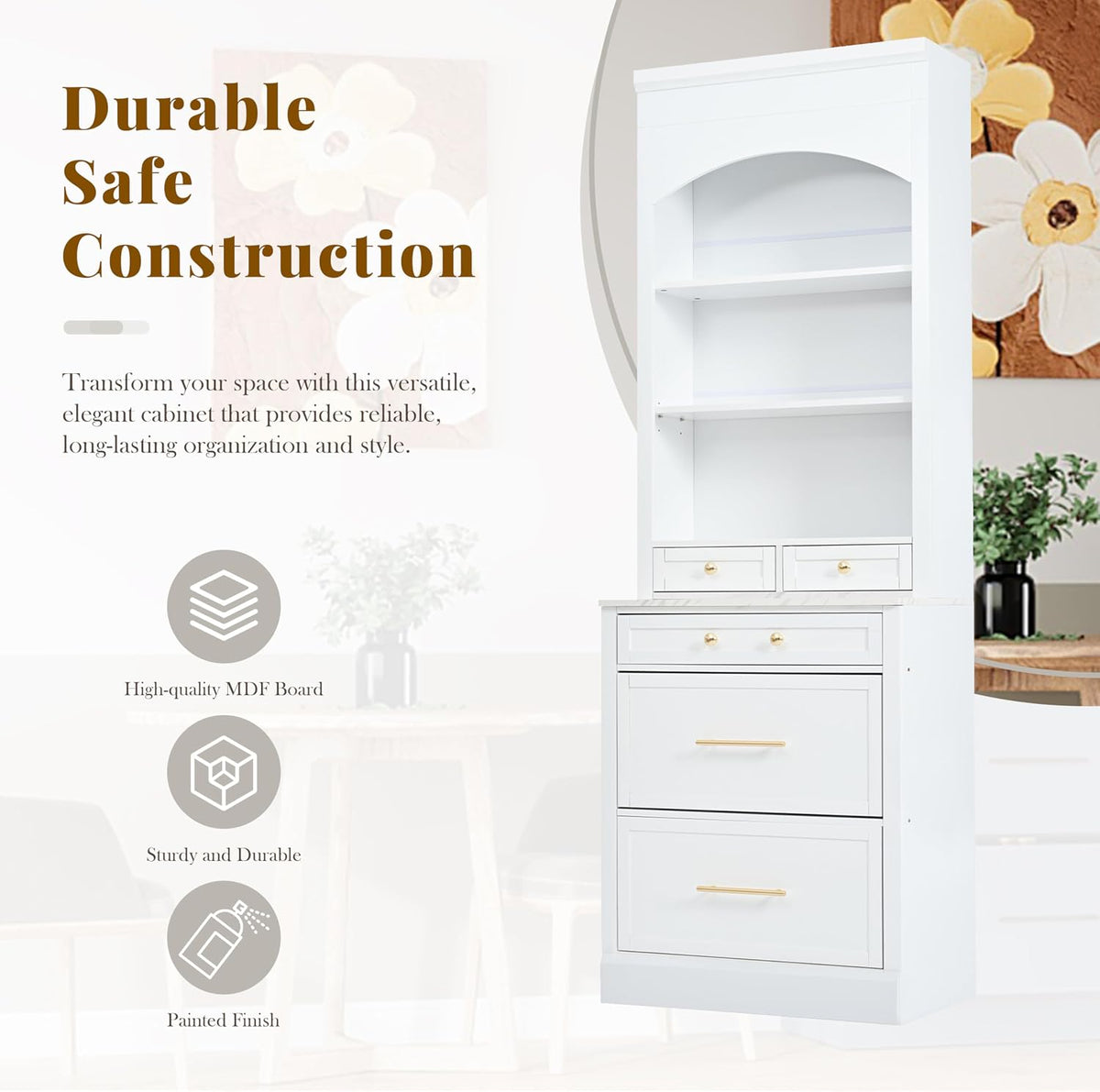 Mirightone 83.7Inch Tall Kitchen Pantry Cabinet, Corner Cabinet with 5 Storage Drawers and Adjustable Shelf, Freestanding Kitchen Pantry with Faux Marble Top, Set of 2, White