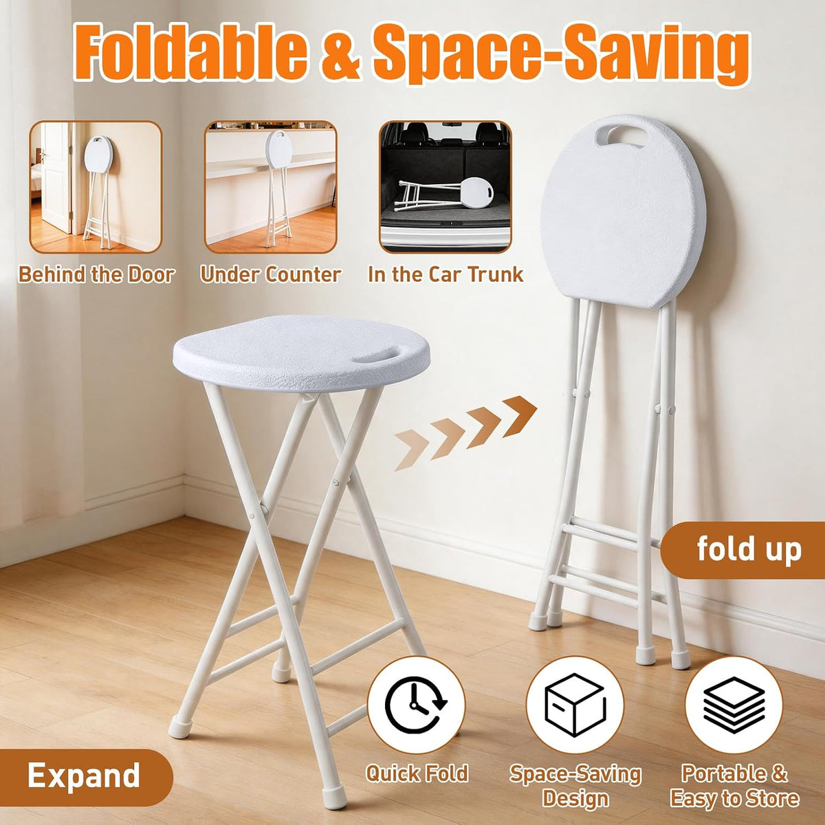 Folding Stool, White 24 Inch Foldable Bar Stool with Handle | Portable Seat, 500 lbs Capacity, Non-Slip Feet, Space-Saving for Guitar, Workbench, Kitchen Island, Outdoor, Party(1 Pack)