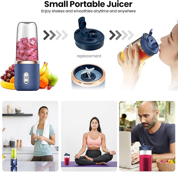 Regalosonline Portable Blender - 10 Oz Smoothie USB Charge Mini Blender BPA Free for Shakes and Smoothies with 6 Blades