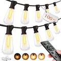 Outdoor String LED Patio Lights - 100Ft 30M Outside Waterproof Light with Remote Dimmable ST38 Shatterproof Bulb Connectable Hanging Outdoor Electric Lighting for Backyard Yard Gazebo Porch Party