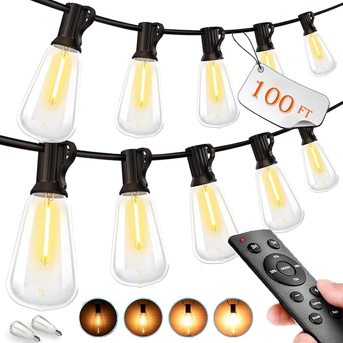 Outdoor String LED Patio Lights - 100Ft 30M Outside Waterproof Light with Remote Dimmable ST38 Shatterproof Bulb Connectable Hanging Outdoor Electric Lighting for Backyard Yard Gazebo Porch Party