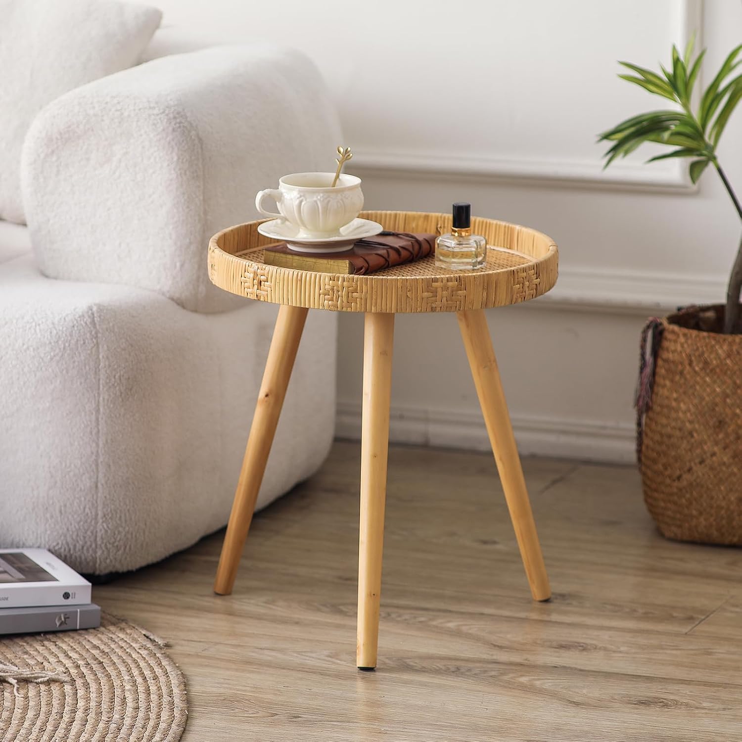 Round Side Table, Boho Circle End Table Coffee Table with Solid Wood Leg, Rattan Side Tables Living Room for Small Spaces, Bedroom, Corners