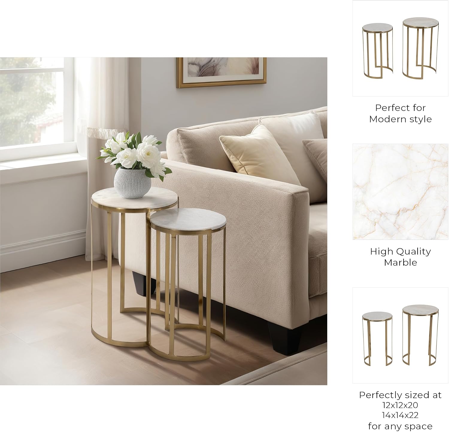 Elegant End Table, Side Table, or Night Stand for Room Decor - Round Metal Accent Table with Marble Top for Small Spaces - Perfect for Home, Bedroom, or Living Room Set of 2 - 22", 20" White & Gold