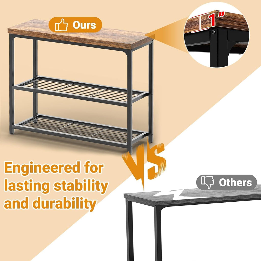 Besiost 32" Industrial Console Table with 3-Tier Storage, Oak Grey | Small Entryway Table with Mesh Shelves, Sofa Table Behind Couch for Hallway, Foyer, Living Room, Sturdy Metal Frame