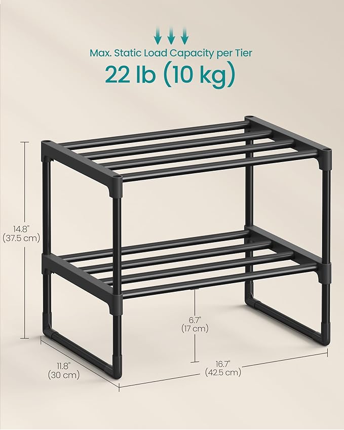 SONGMICS Shoe Rack, 2-Tier Shoe Organizer, Metal Storage Shelf, Upright or Upside Down, for 3-6 Pairs, Stackable, for Entryway, 11.8 x 16.7 x 14.8 Inches, Black ULSA002B01
