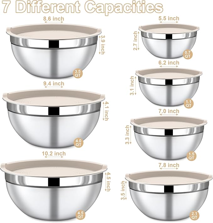 Mixing Bowls with Lids Set - 7 Piece Khaki Nesting Stainless Steel Mixing Bowls for Kitchen, Sizes 4.5, 4, 3.5, 2.1, 1.5, 1.1, 0.7 Qt for Baking, Cooking and Serving, Dishwasher Safe