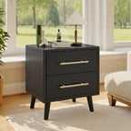 Ahomly Night Stand with 2 Drawers, Solid Wood Side Table for Bedroom, Black | Solid Wood Bedside Table with Two Drawers, Metal Handle, Compact Storage for Bedrooms and Sofa Sides