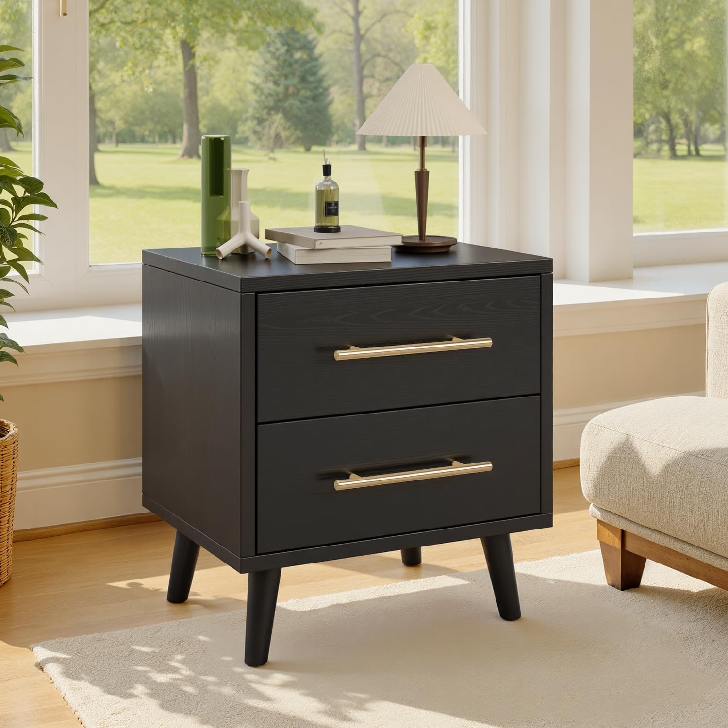 Ahomly Night Stand with 2 Drawers, Solid Wood Side Table for Bedroom, Black | Solid Wood Bedside Table with Two Drawers, Metal Handle, Compact Storage for Bedrooms and Sofa Sides