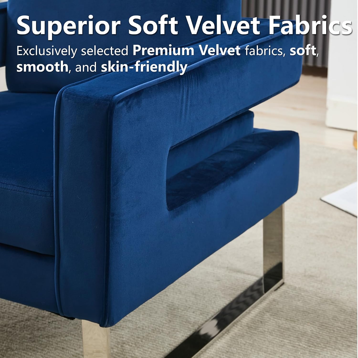 Velvet Accent Chair, Modern Blue Accent Chair for Living Room, Upholstered Living Room Chair for Home Office, Stainless Steel Sliver Base