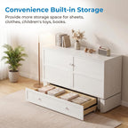 Mjkone Murphy Bed Cabinet Queen with Tri-Fold Mattress Included & USB Charging Station, Modern Versatile Solid Wood Chest Cabinet Wall Bed with Drawers, Adult Guest Beds for Apartment Bedroom - White