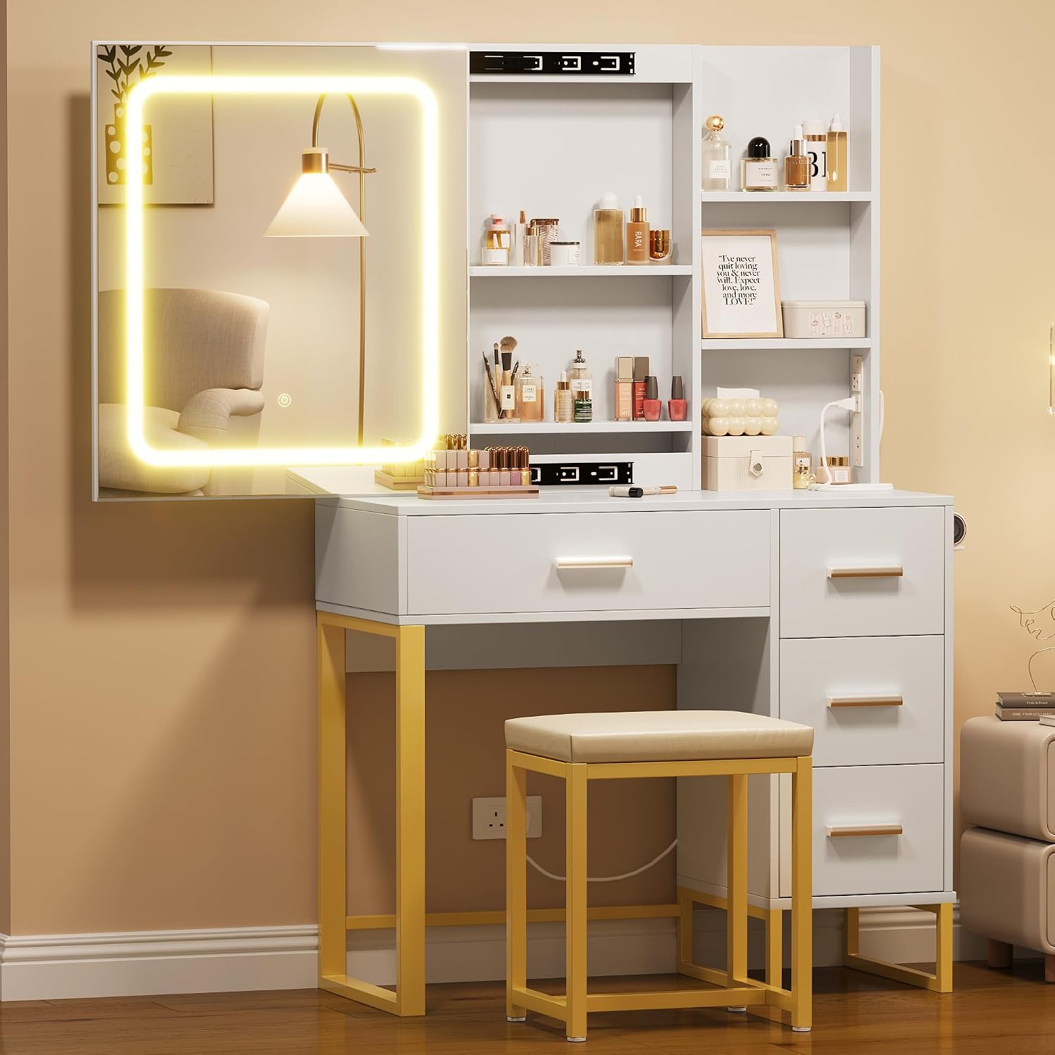 GAOMON 57'' Large Vanity Desk with Mirror & Lights, Makeup Vanity Table with Charging Station,