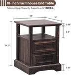 ALBAD Farmhouse Nightstand with Charging Station Rustic Bedside Table with 2 Drawers and Open Shelf Side Table with Metal Handle for Bedroom Office, Walnut Brown