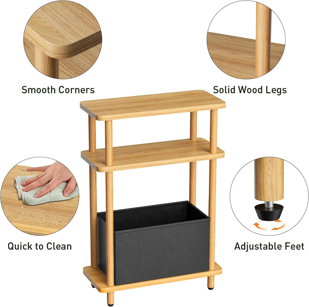 THUMEYE Narrow Side Table with Fabric Basket, 7" Wide, 3 Tier Skinny End Table with Wood Legs, Slim Nightstand/Bedside Table for Small Spaces, with Adjustable Feet, 15.7" L x 23" H