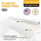 Plastic Sheeting 6 mil, 40' x 100' (4000 sq. ft.) - Semi-Clear Thick Painting Plastic Covering for Painting, Construction and Greenhouse - LDPE Plastic Rolls Heavy Duty Outdoor by IDL Packaging