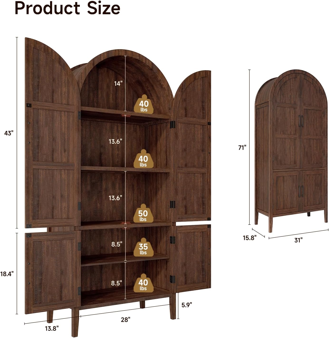 ONBRILL 71" Tall Wooden Arched Cabinet, 5-Tier Arched Kitchen Pantry Cabinet with Doors & Shelves, Farmhouse Kitchen Arch Cabinets with Adjustable Feet, Wooden Pantry Storage for Dining Room(Brown)