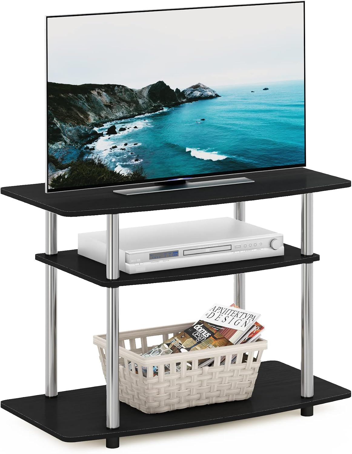 Furinno Turn-N-Tube TV Stand, 3-Tier Toolless Assembly Entertainment Center with Open Shelves, TV Console for TV up to 32 Inch, for Living Room, Bedroom, Americano/Stainless Steel