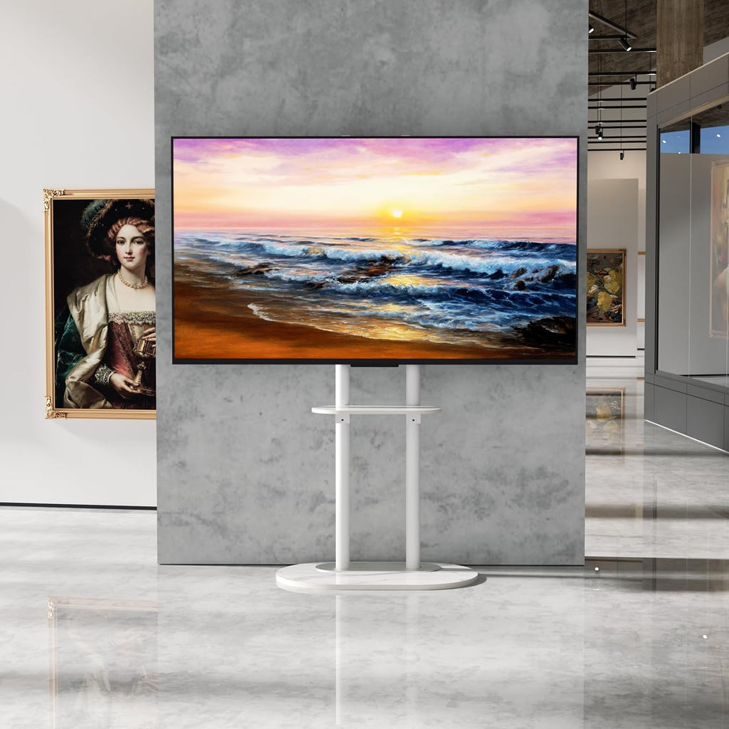 unho White Floor TV Stand with Shelf for 45-75 inch Flat LCD LED Screen TVs | Sintered Stone TV Stands Height Adjustable Heavy Base Standing TV Mount VESA 600x400 for Restroom Meeting Bedroom