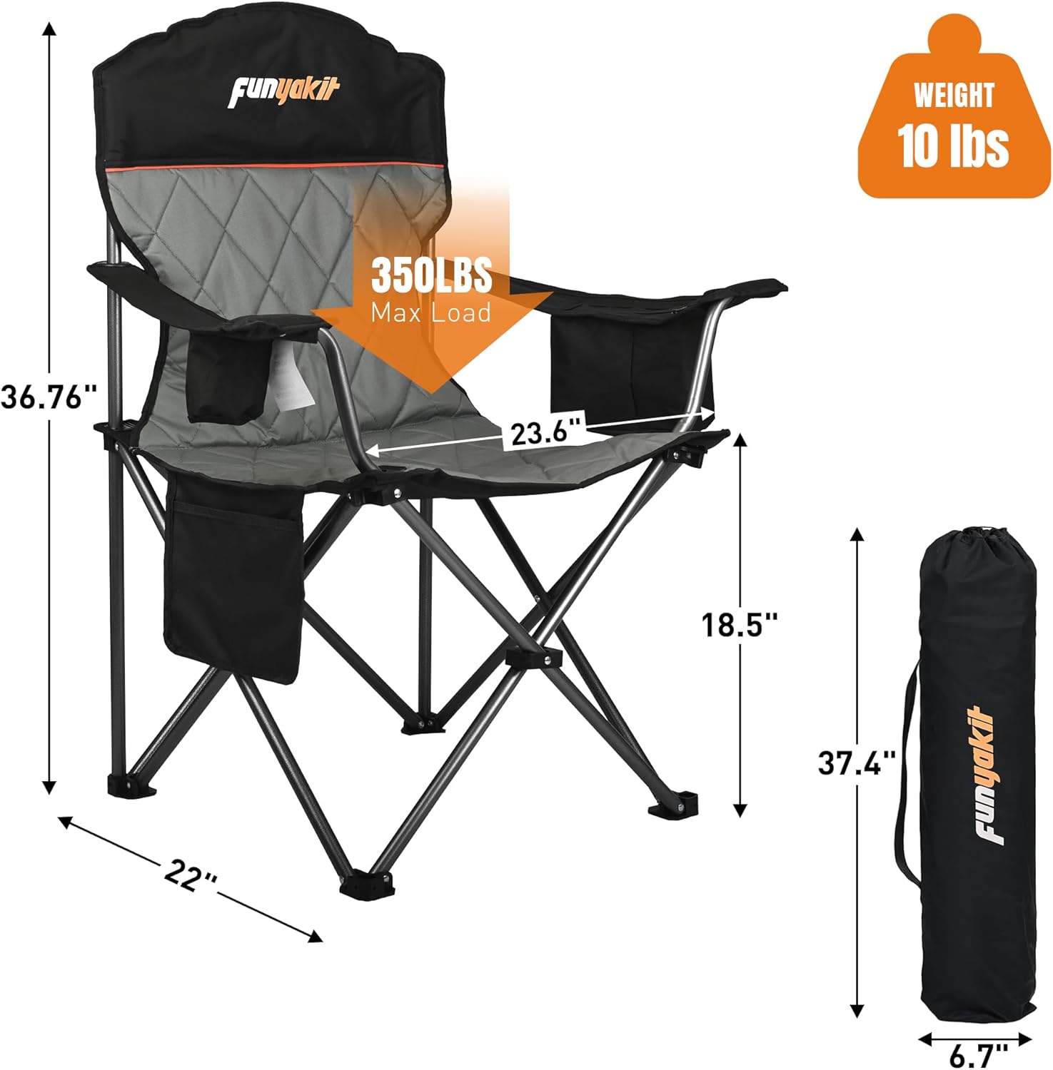 Padded Camping Chair with Sturdy Armrests, Heavy Duty Folding Chair for Adults Supports 350lbs, Portable Outdoor Chair with Reinforced Carry Bag for Camping, Fishing, Lawn & Sports