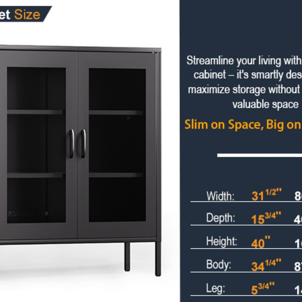 QINPTWUT 40" Industrial Storage Pantry, Kitchen Storage Cabinet with Mesh Door, 2 Adjustable Shelves, Freestanding for Kitchen, Dining Room,Bedroom, Workshop, Office, Garage (Black, 40")