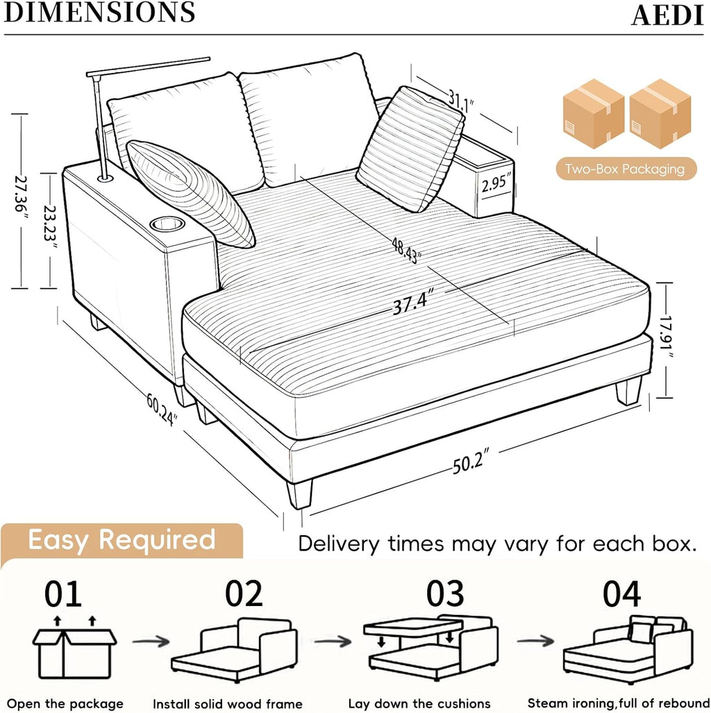 AEDI Oversized Chaise Lounge Chair with Reading Light & USB Charging,Sleeper Sofa with Cup Holder, Solid Wood Frame,for Living Room,Bedroom(Corduroy Beige)