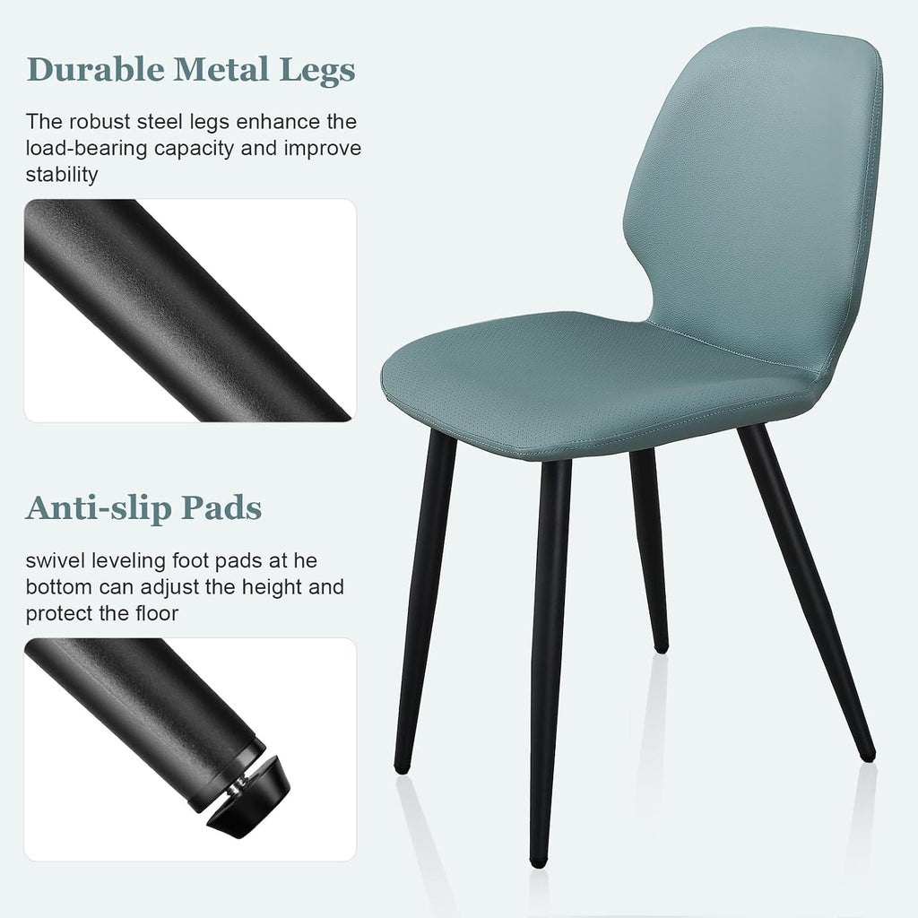 Leather Dining Chairs Set of 6, Mid Century Modern Dining Chairs Upholstered Kitchen Dining Room Chairs with Metal Legs Adjustable Feet for Living Room Lounge Restaurant, Comfortable Seat, Green