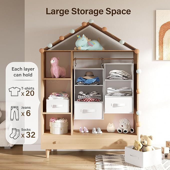 Pipishell 6-Shelf Hanging Closet Organizer, Hanging Shelves with 2 Separable 3-Tier Shelves, Closet Shelves Organizer with 3 Removable Drawers for Wardrobe, Nursery, Baby Clothes Organizer, White