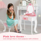 OOOK Kids Vanity Set with 15pcs Make-up Accessories, Pink Heart-Themed | FSC Safety, Toddler Vanity Table and Chair Set with Mirror and Drawer, Suitable for Girls Aged 3+