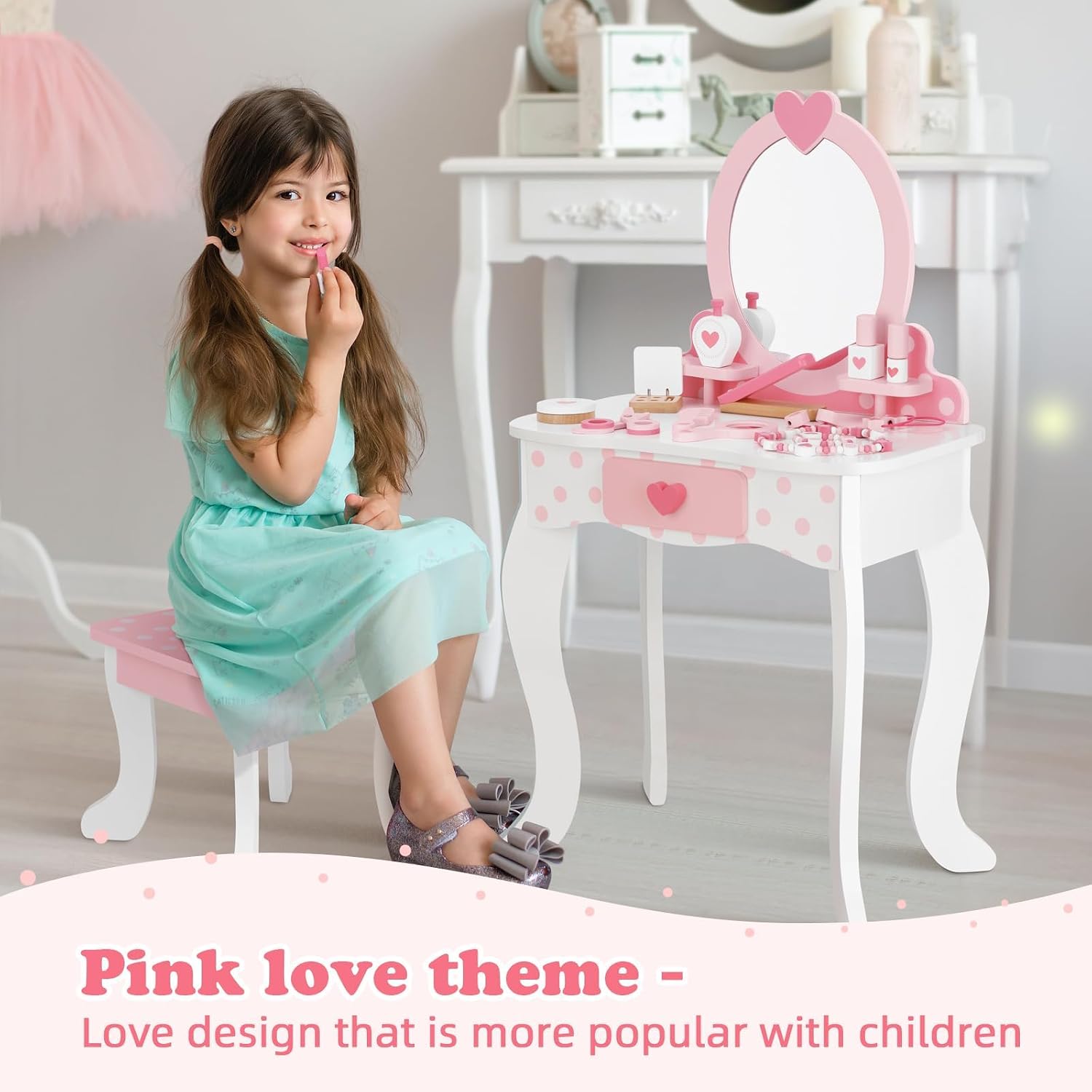 OOOK Kids Vanity Set with 15pcs Make-up Accessories, Pink Heart-Themed | FSC Safety, Toddler Vanity Table and Chair Set with Mirror and Drawer, Suitable for Girls Aged 3+