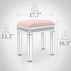 Vanity Stool with Storage – Mirrored Legs, Velvet Cushioned Ottoman, Hidden Compartment, Sparkling Diamond Trim, Glam Makeup Chair & Piano Bench - Silver & Pink