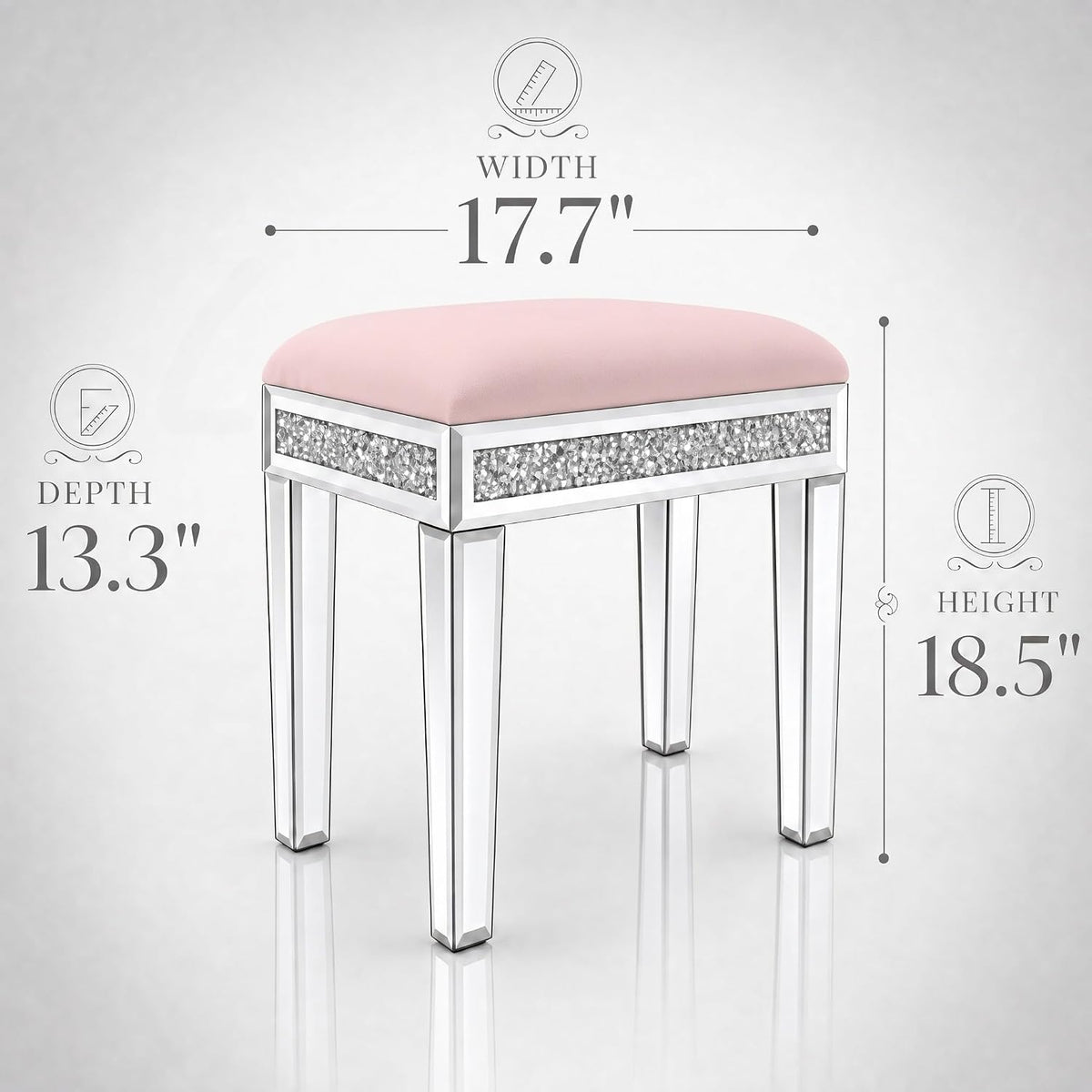 Vanity Stool with Storage – Mirrored Legs, Velvet Cushioned Ottoman, Hidden Compartment, Sparkling Diamond Trim, Glam Makeup Chair & Piano Bench - Silver & Pink