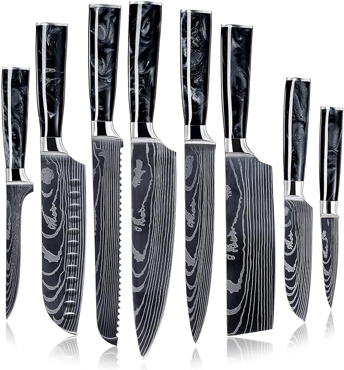SENKEN 8-Piece Japanese Knife Set with Black Resin Handle and Laser Damascus Pattern - Onyx Collection - Chef's Knife, Santoku Knife, Bread Knife, Paring Knife, & More