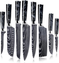 SENKEN 8-Piece Japanese Knife Set with Black Resin Handle and Laser Damascus Pattern - Onyx Collection - Chef's Knife, Santoku Knife, Bread Knife, Paring Knife, & More
