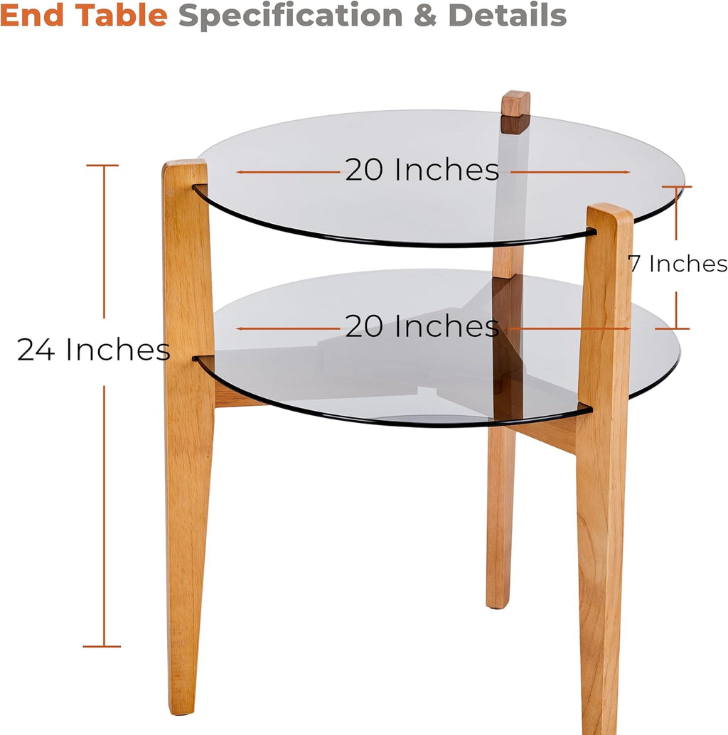 Round End Table, 2-Tier Tempered Glass Table Top Wooden Legs, Modern Side Tables Living Room 24” with Storage Shelf - Entryway Table, Bedroom Side Table, Nature