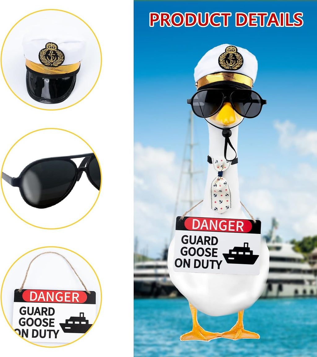 CAMDUCK 4 Pcs Porch Goose Accessories Porch Goose Sign Goose Navy Hat Eyeglasses Necktie Wooden Gooses Warning Sign Danger Guard Goose on Duty Warning Sign Goose Outfits Decor for Yard Porch Lawn