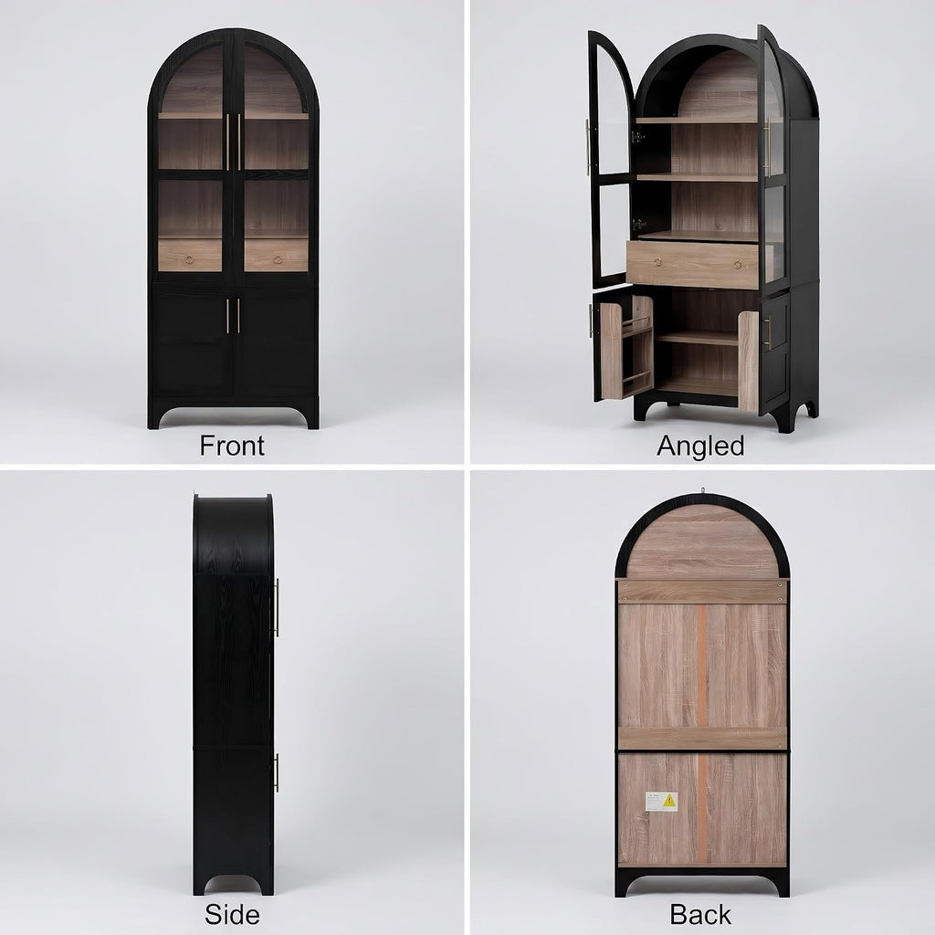 Kitchen Pantry Cabinet, 71" Tall Arched Kitchen Storage Cabinet Wood Farmhouse Kitchen Storage Cabinets with Glass Door, Adjustable Shelves, Hidden Drawer Versatile Cupboard for Kitchen (BLACK)
