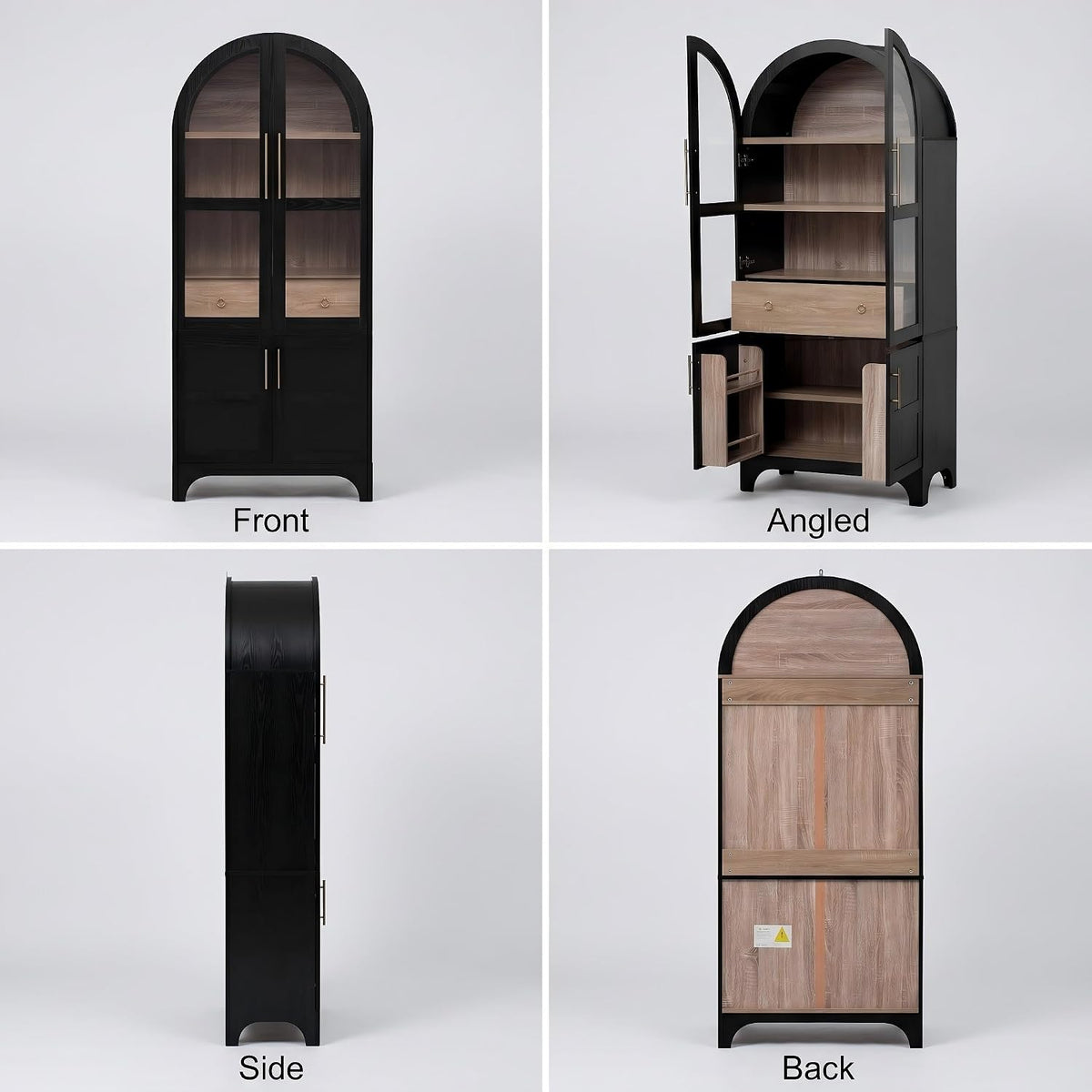 Kitchen Pantry Cabinet, 71" Tall Arched Kitchen Storage Cabinet Wood Farmhouse Kitchen Storage Cabinets with Glass Door, Adjustable Shelves, Hidden Drawer Versatile Cupboard for Kitchen (BLACK)