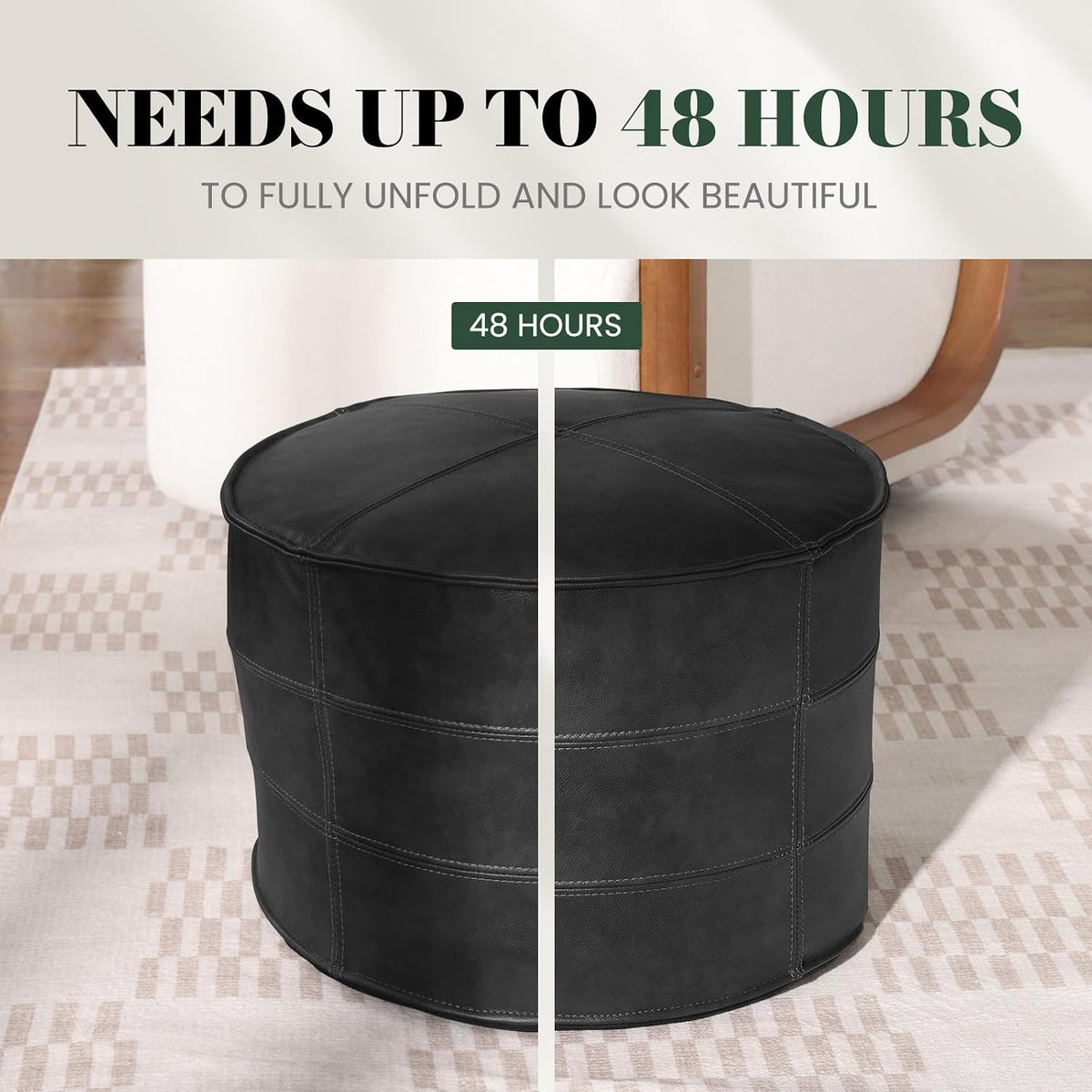 Couchus Genuine Leather Ottoman, Square Pouf Footstool (Round, Black) | Modern Upholstered Ottoman, Floor Pouf for Living Room, Bedroom