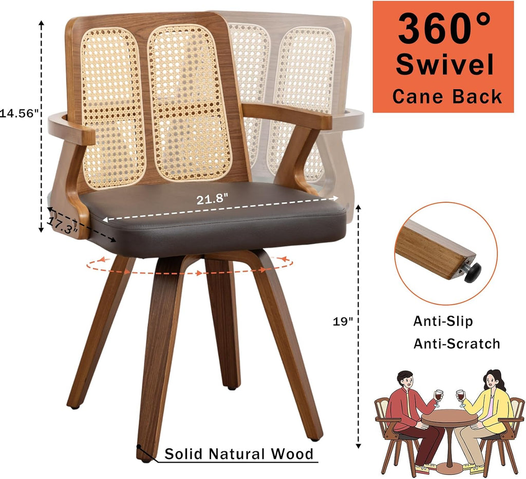 Walnut Dining Chairs - Swivel Rattan Dining Chairs with Bentwood Frame with Ergonomic Cane Back, Curved Arms, MCM Dining Chairs for Kitchen/Restaurant/Living Room/Conference (Walnut Brown, Set of 2)