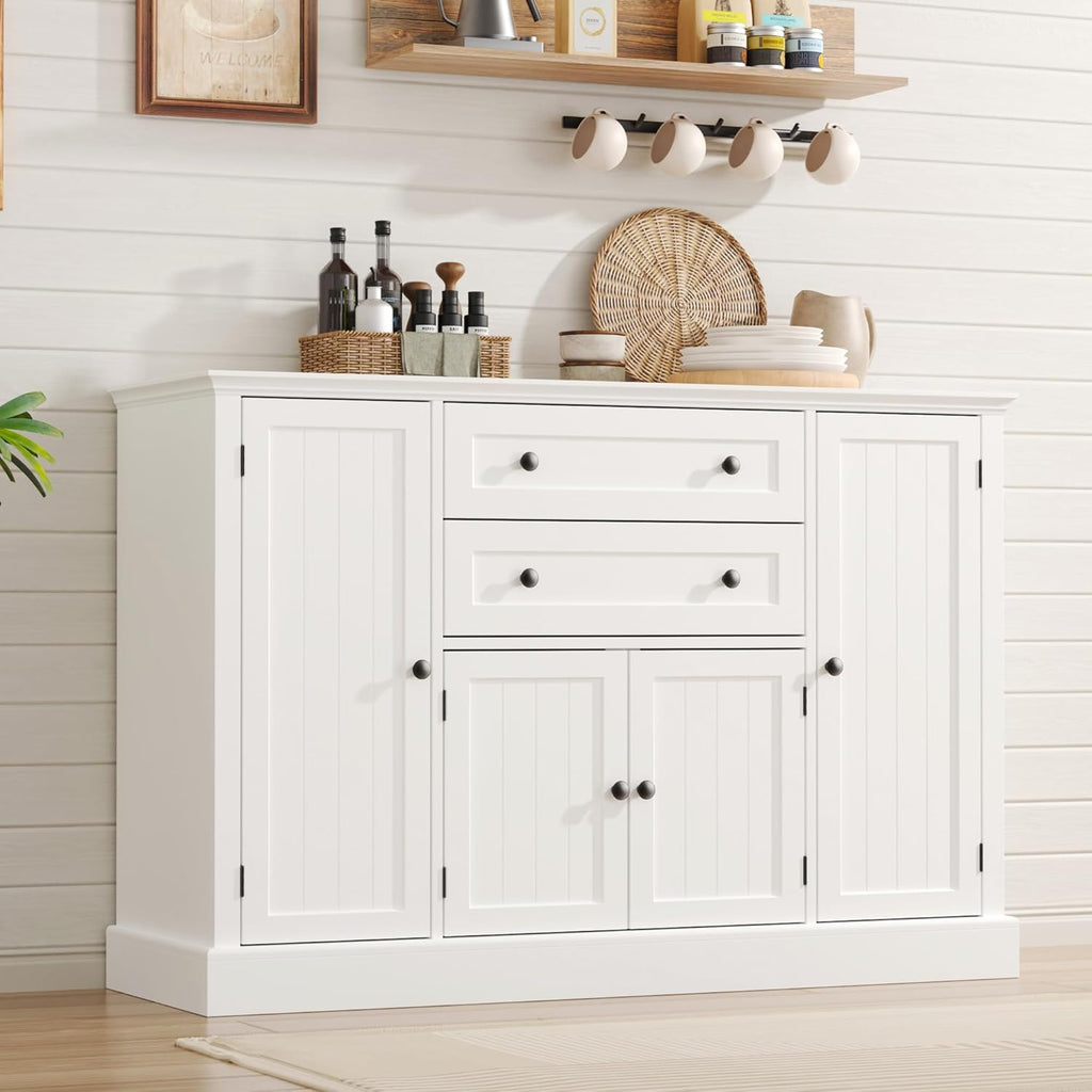 Farmhouse 47" Buffet Cabinet with Storage,Large Sideboard Buffet with Drawers and Adjustable Shelves, Rustic Coffee Bar Cabinet for Kitchen, White