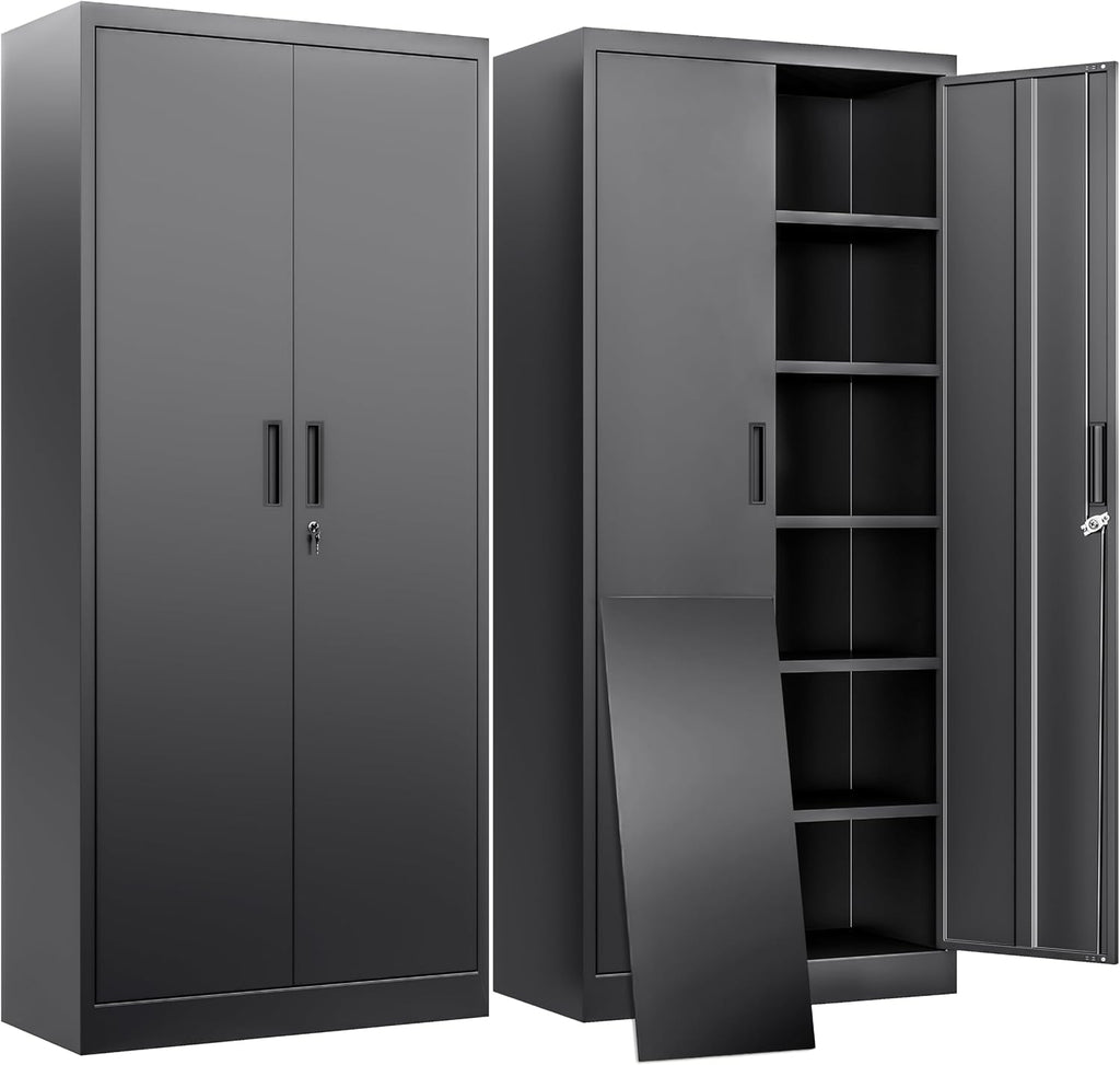 BESFUR Metal Storage Cabinet with 2 Doors and 5 Adjustable Shelves Garage Storage Cabinet with Lock 71" Office Storage Cabinets Locking Cabinets for Garage Office Shop Home (Black)